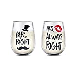 Mr Right and Mrs Always Right copas de vino para parejas, regalo de pareja, regalos de boda para novia y novio, regalo de compromiso, juego de copas de vino sin tallo